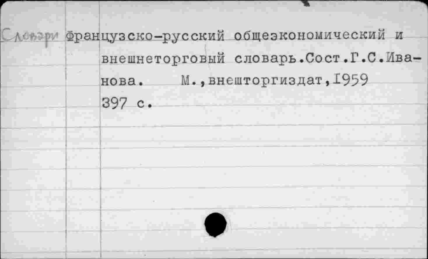 ﻿Французско-русский общеэкономический и внешнеторговый словарь.Сост.Г.С.Ива нова. М.,внешторгиздат,1959 397 с.